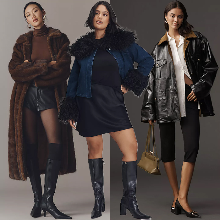 one model wears faux fur coat leather shorts brown sweater and tall black boots, another model wears faux fur trimmed denim jacket short black dress and tall boots, and another model wears reversible leather and suede jacket white button down capris and black shoes