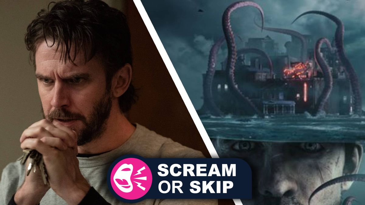 Dan Stevens in The Terror opposite a promotional image featuring a burning house and tentacles from The Sinking City