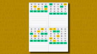 Quordle Daily Sequence answers for game 966 on a yellow background