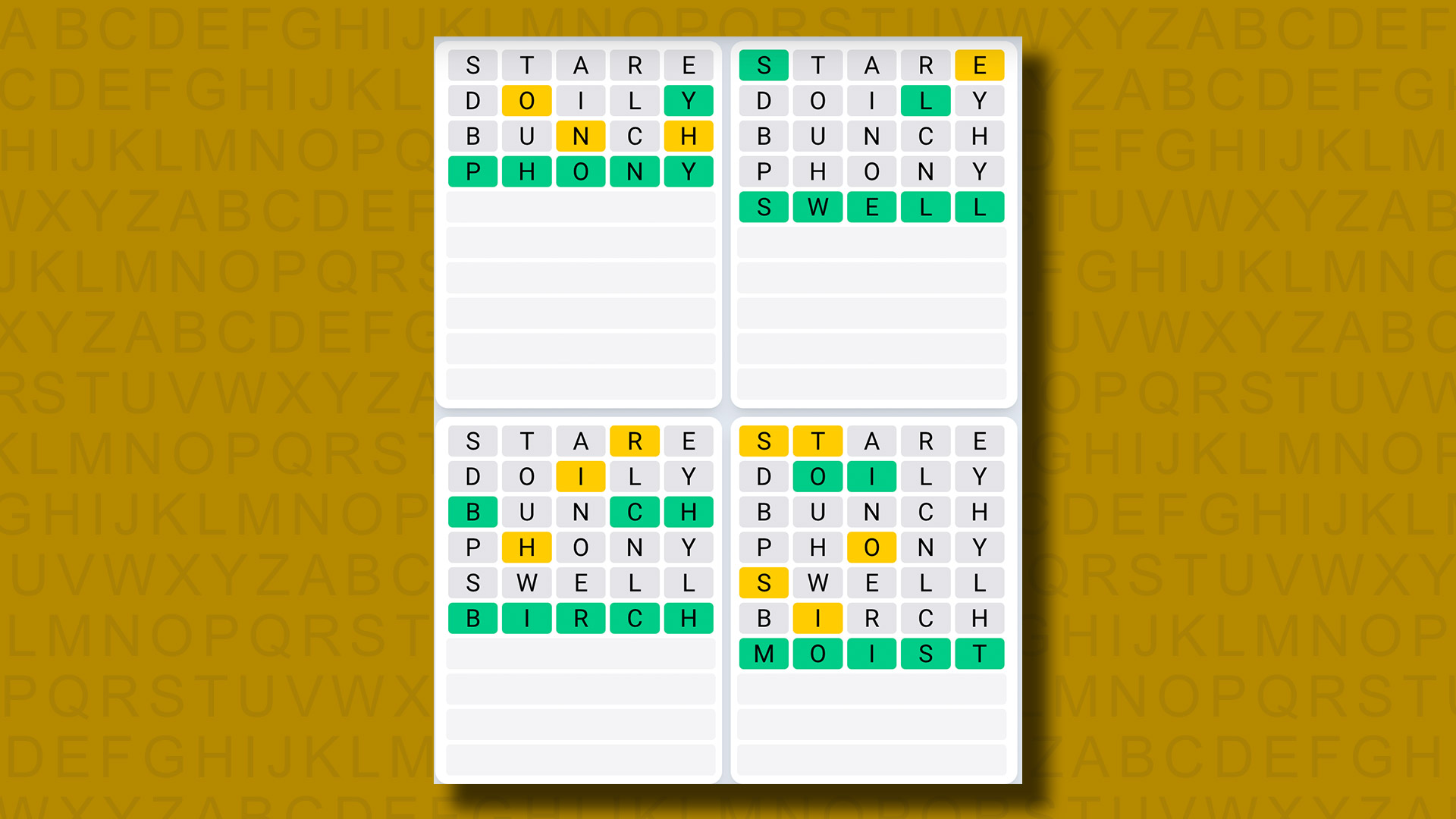 Quordle Daily Sequence Answers for Game 966 on a yellow background