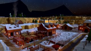 A snow covered pasture and village from city building game Of Life and Land rendered in a low-poly style with pastel colors.