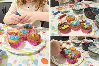 Kids decorating cupcakes with buttercream, chocolate, Smarties, icing sugar mix and more