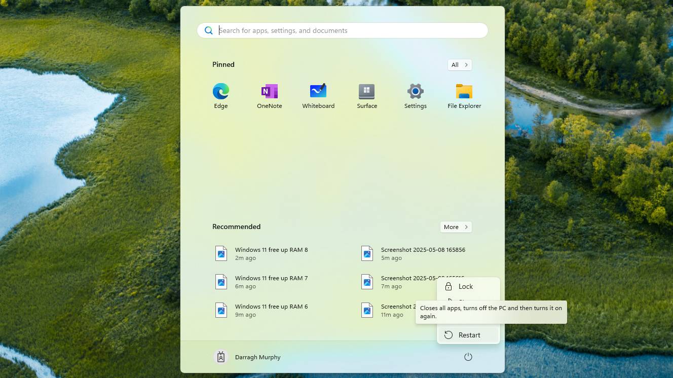 Screenshot of Windows 11 Start Menu showing Restart option