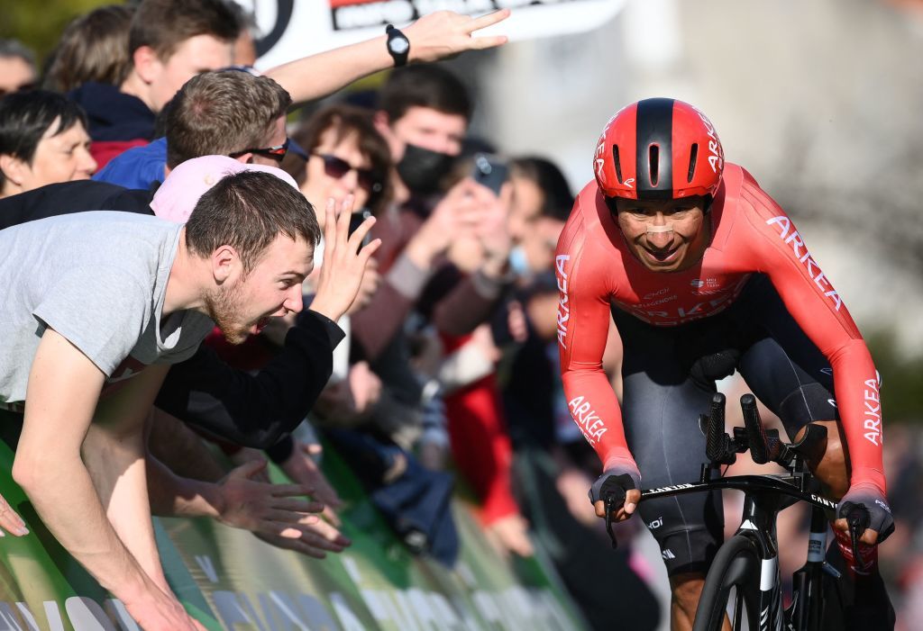 Team Arkea Samsics Colombian rider Nairo Quintana competes during the 4th stage of the 80th edition of the Paris Nice cycling race 134 km time trial stage between Domerat and Montlucon on March 9 2022 Photo by FRANCK FIFE AFP Photo by FRANCK FIFEAFP via Getty Images