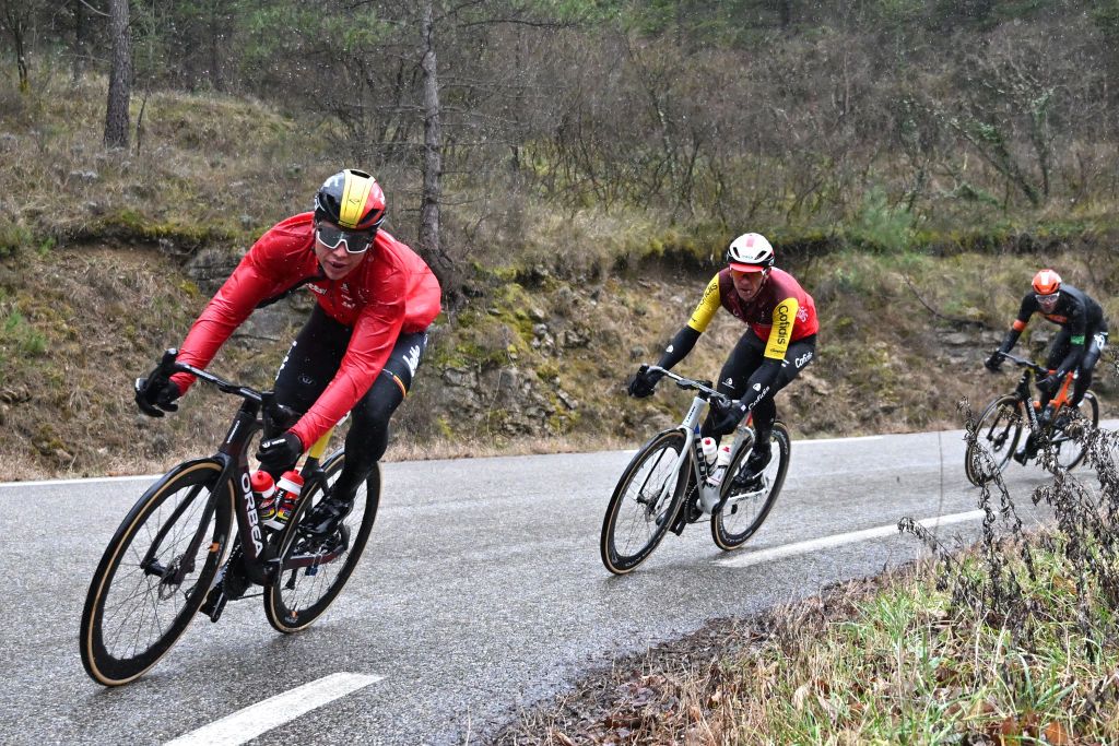 BESSEGES FRANCE FEBRUARY 07 Arnaud De Lie of Belgium and Team Lotto White Best Young Rider Jersey competes during the 55th Etoile de Besseges Tour du Gard 2025 Stage 3 a 1362km stage from Besseges to Besseges Race shortened due to adverse weather conditions on February 07 2025 in Besseges France Photo by Billy CeustersGetty Images