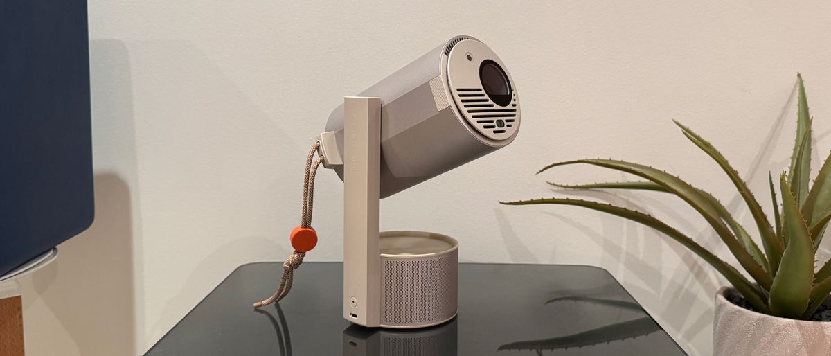 XGIMI MoGo 3 Pro projector standing with unit angled upright