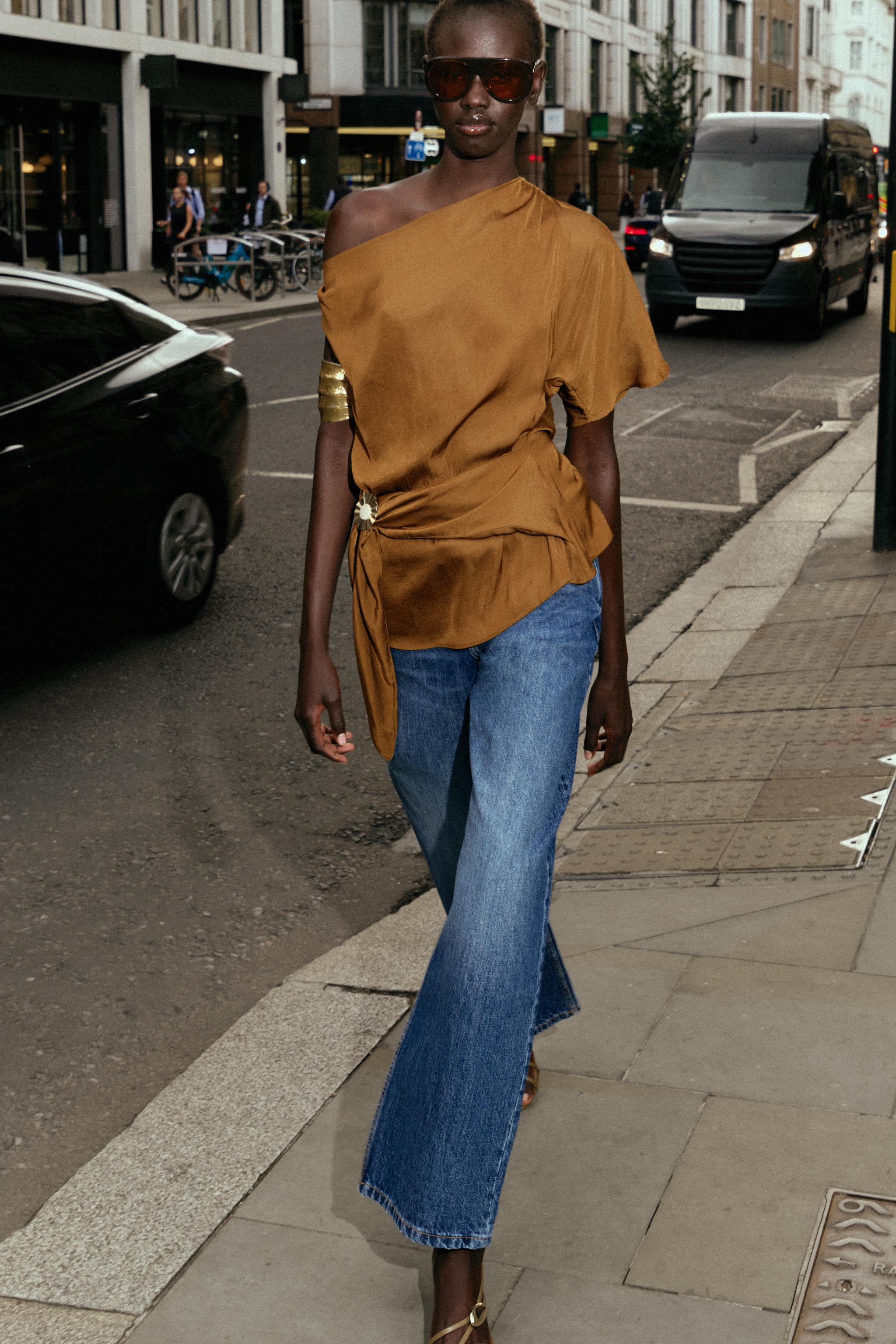 Asymmetrical Satin Effect Appliqu&amp;Eacute; Top