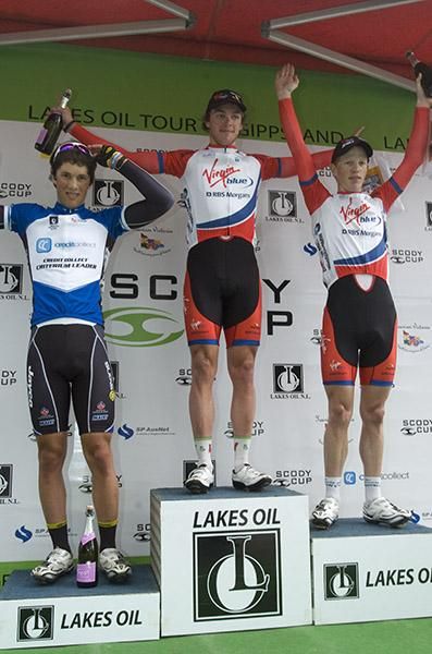 Stage four podium (l-r): Alex Carver (3rd,Jayco Skins), Scott Law (1st,Virgin Blue/RBS Morgan), and Patrick Shaw (2nd,Virgin Blue/RBS Morgan).