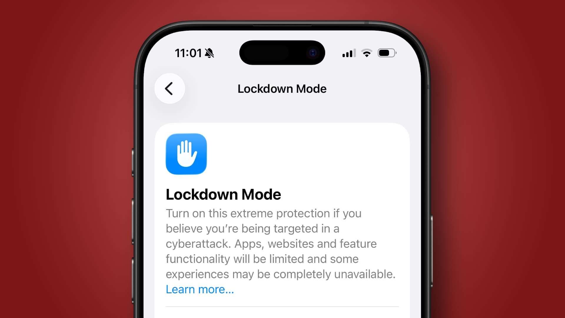 An iPhone showing a screen to enable Lockdown Mode.