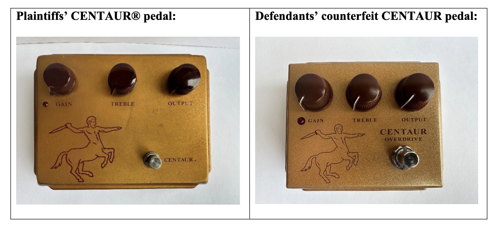 An illustration from Klon’s legal complaint comparing images of the Klon product (left) and Behringer pedal (right)