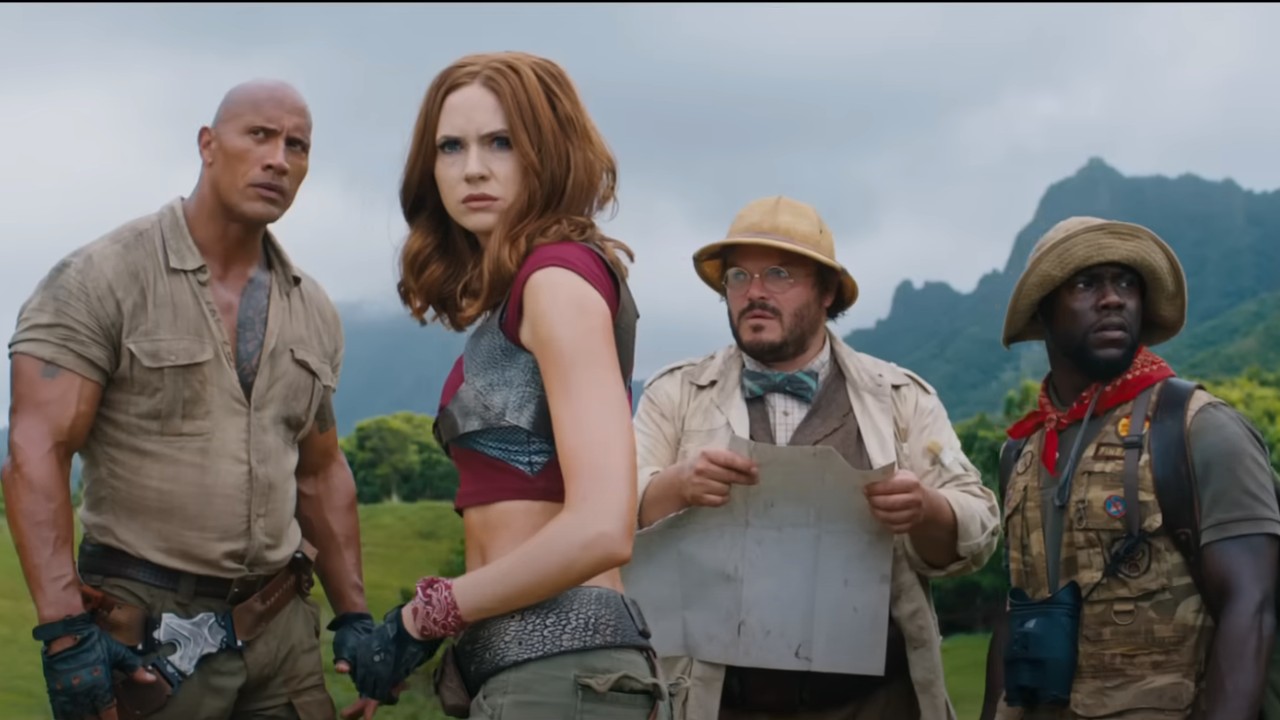 From left to right: Dwayne Johnson, Karen Gillan, Jack Black and Kevin Hart in Jumanji: Welcome to the Jungle.