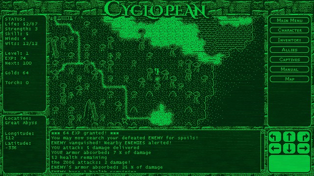 Travelling across a mushroom forest in Cyclopean: The Great Abyss.