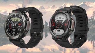 Amazfit T-Rex Ultra and Amazfit T-Rex 2 watches superimposed over mountainous landscape