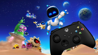 Astro Bot artwork featuring the main character flying through space, with a large black Xbox controller angled across the bottom-right corner.