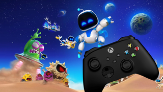 Astro Bot artwork featuring the main character flying through space, with a large black Xbox controller angled across the bottom-right corner.