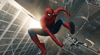 Spider-MAn in the air with a web string as a masked foe throws weapons at him. 