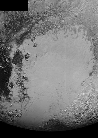 Pluto's huge nitrogen-ice plain, Sputnik Planitia, as seen by NASA's New Horizons probe during its July 2015 flyby of the dwarf planet.