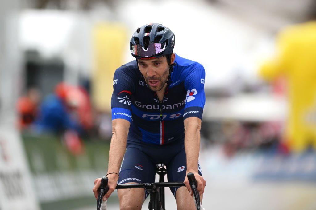 VALAIS THYON 2000 SWITZERLAND APRIL 29 Thibaut Pinot of France and Team GroupamaFDJ crosses the finish line during the 6th Tour De Romandie 2023 Stage 4 a 1616km stage from Sion to Valais Thyon 2000 2090m UCIWT on April 29 2023 in Sion Switzerland Photo by Dario BelingheriGetty Images