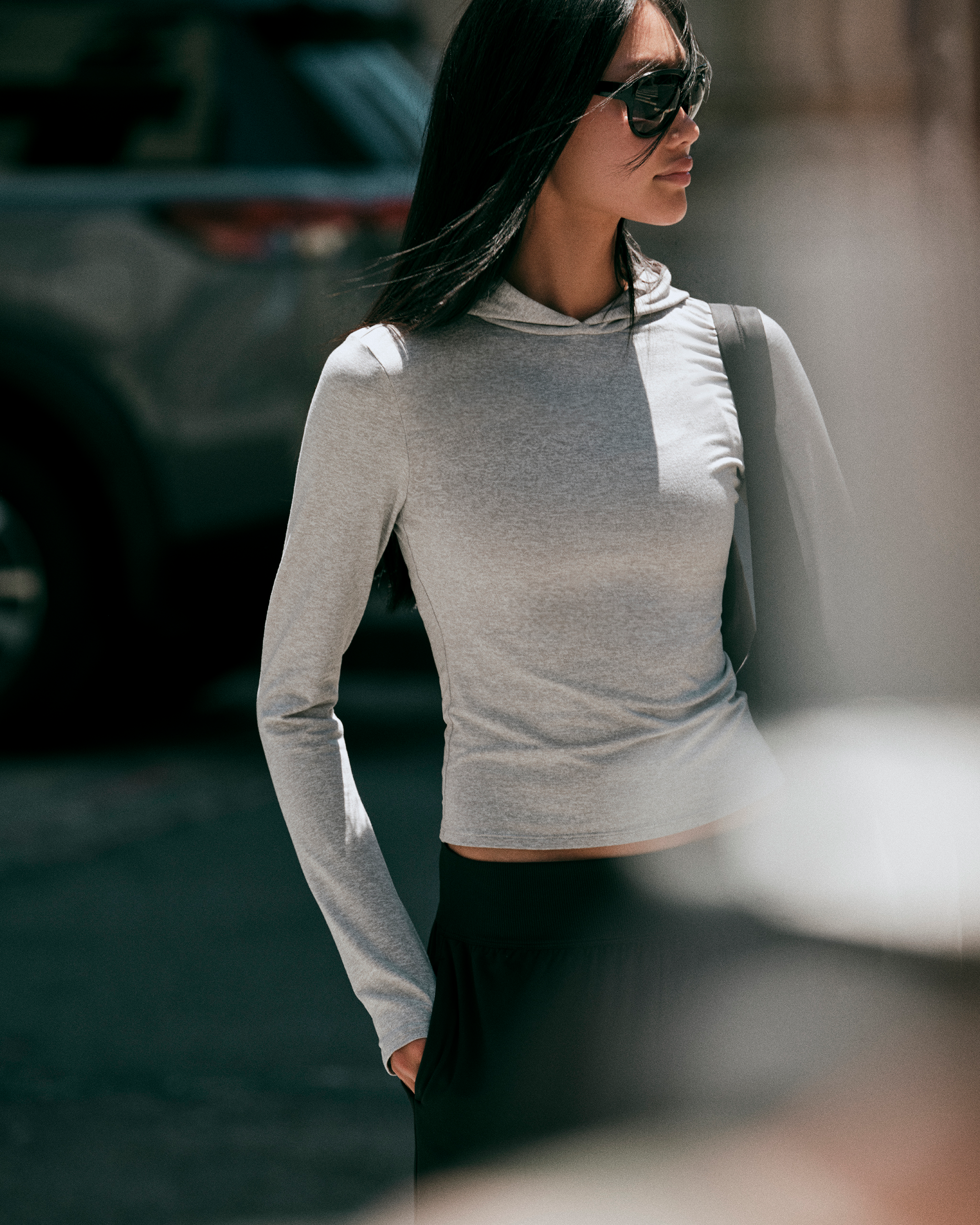 Long Sleeve Halo Fitted Hoodie - Pale Grey Heather - Xxs
