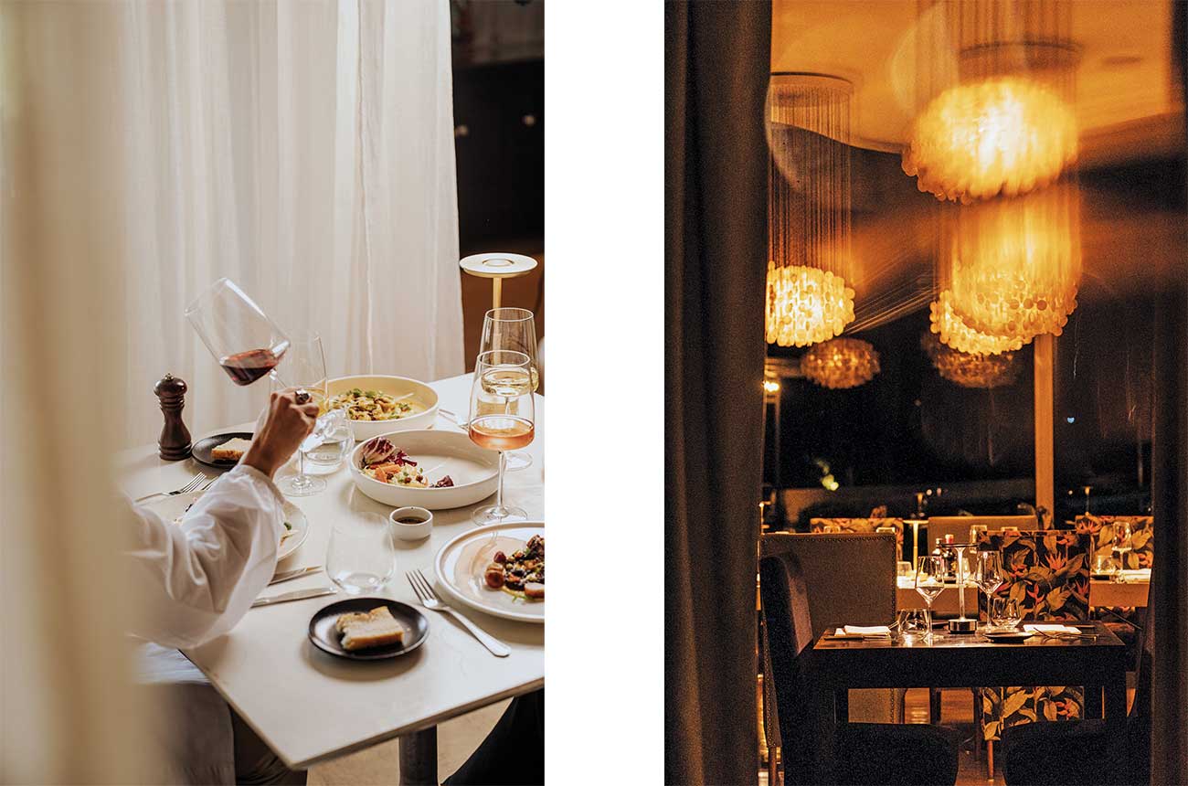 Two dining scenes at Nube restaurant, Entre Cielos, Mendoza, Argentina