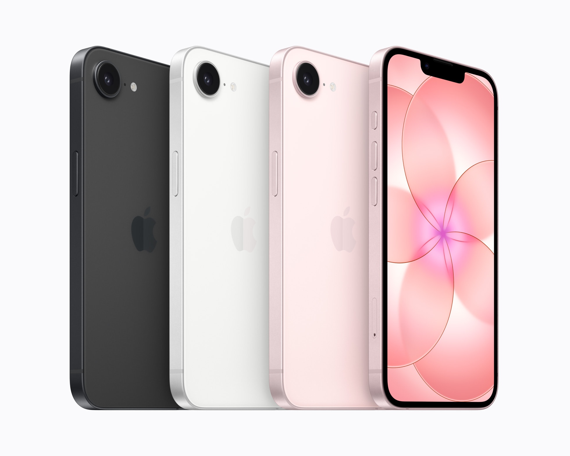 A lineup of the iPhone 17e in black, white, and pink, with the pink model in front showing its screen and floral wallpaper.