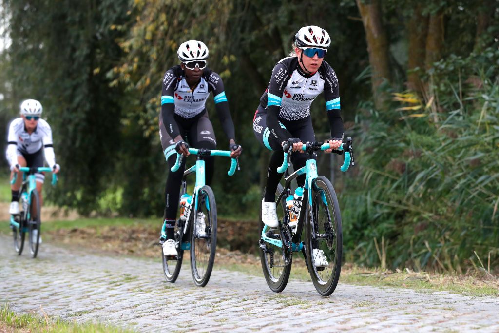 ARENBERG FRANCE SEPTEMBER 30 LR Teniel Campbell of Trinidad and Tobago and Jessica Allen of Australia and Team Team Bikeexchange during the 118th Paris Roubaix 2021 Training Day 1 ParisRoubaix on September 30 2021 in Arenberg France Photo by Bas CzerwinskiGetty Images