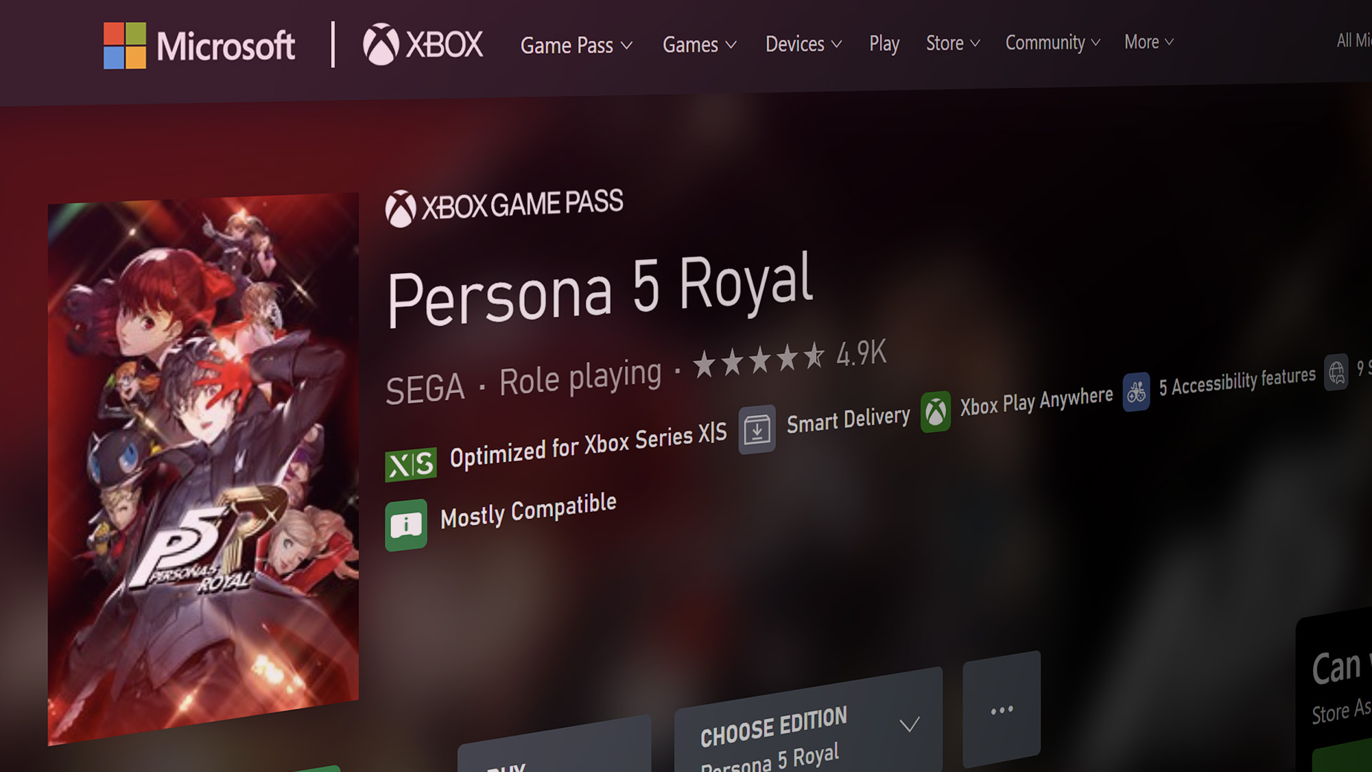 Persona 5 Royal listed on Xbox Store with Game Pass logos