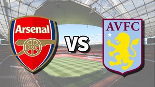The Arsenal and Aston Villa club badges on top of a photo of Emirates Stadium in London, England