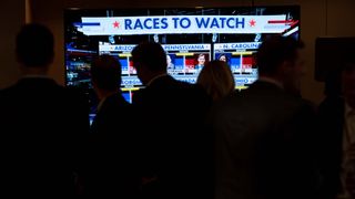 Supporters watch Fox News during an election night watch party for House Minority Leader Rep. Kevin McCarthy (R-CA) at the Westin Hotel on November 8, 2022 in Washington, DC. Republicans are hoping to take control of the House of Representatives away from Democrats.