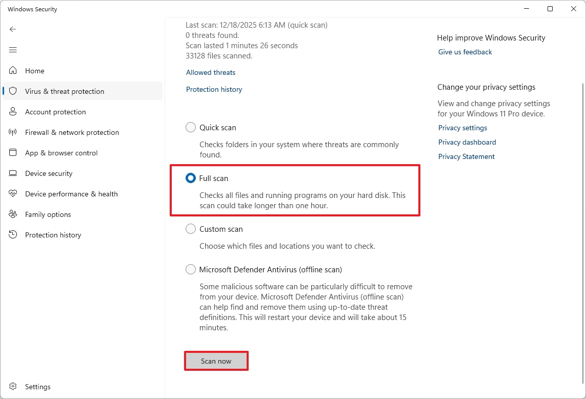 Defender full scan to improve RAM