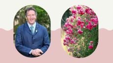 composite image of professional gardener Monty Don and a pink rose bush to support Monty Don's advice for pruning rambling roses 