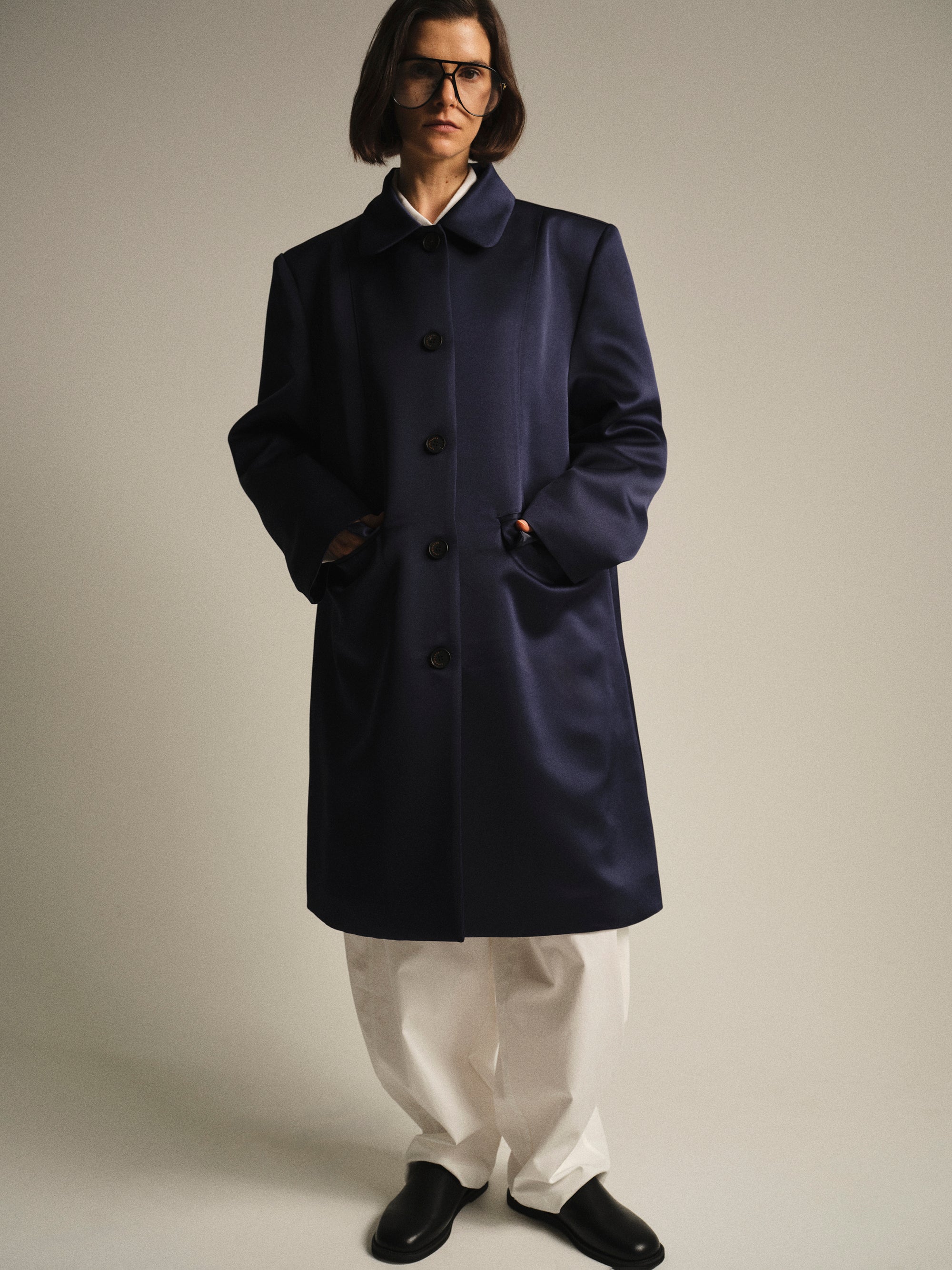 Single-Breasted Satin Coat, Navy