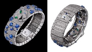 Cartier high jewellery Panthère bangle watch front and back views