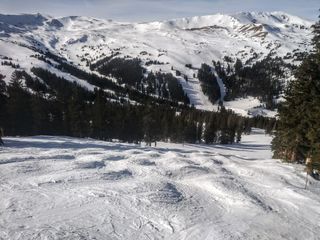 A view down a snowy mountain of a wide ski run with large bumps