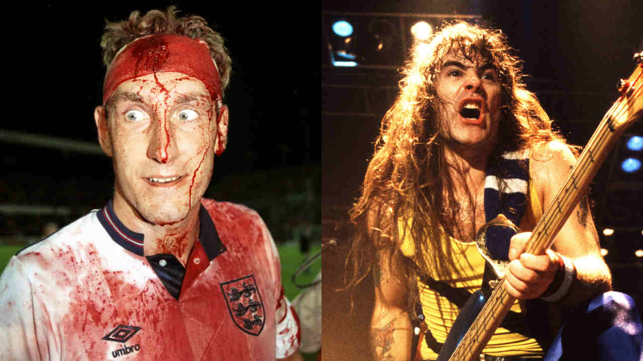 A composite photograph of a bloodstained Terry Butcher in 1989 and Iron Maiden&rsquo;s Steve Harris performing onstage in the 1980s