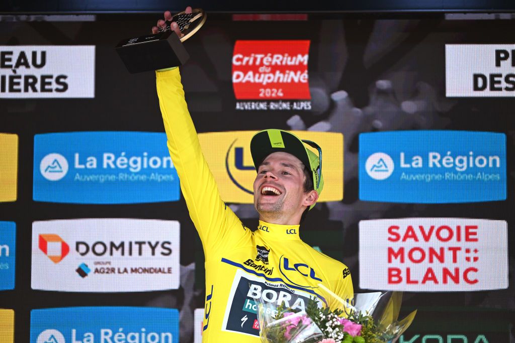 Primož Roglič (Bora-hansgrohe) celebrates as the overall winner of the 2024 Criterium du Dauphine