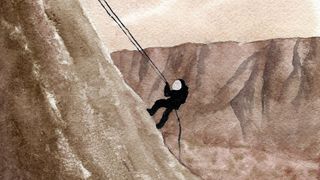 A watercolor illustration of an astronaut scaling a mountain