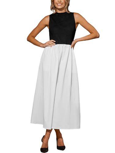 Cupshe Casual Dress for Women 2024 Round Neck Sleeveless Tank Block Skirt Pockets Maxi Formal Dress White L