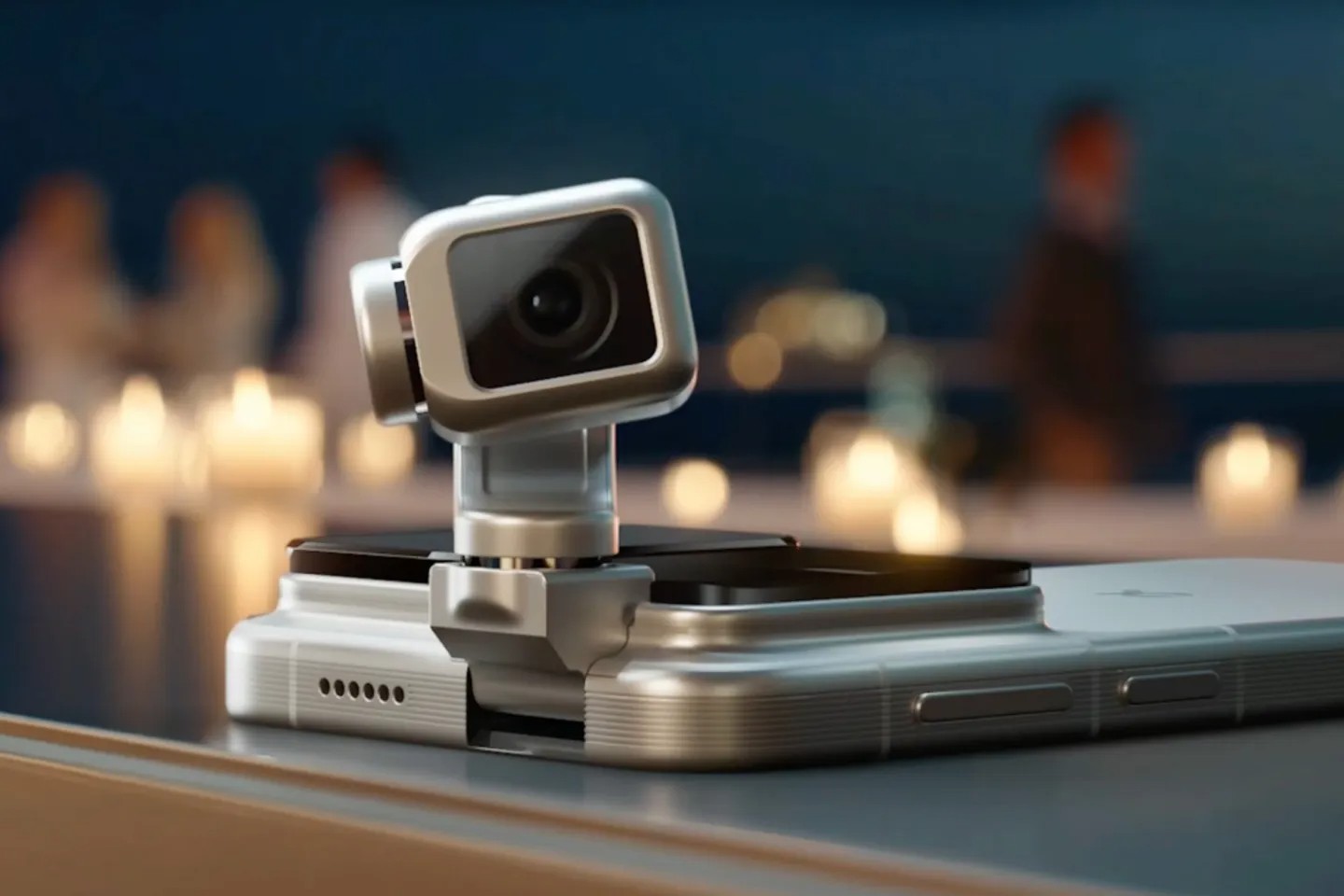 A close-up side view shows a futuristic smartphone resting on a surface with its mechanical, swiveling camera head extended and tilted upward.