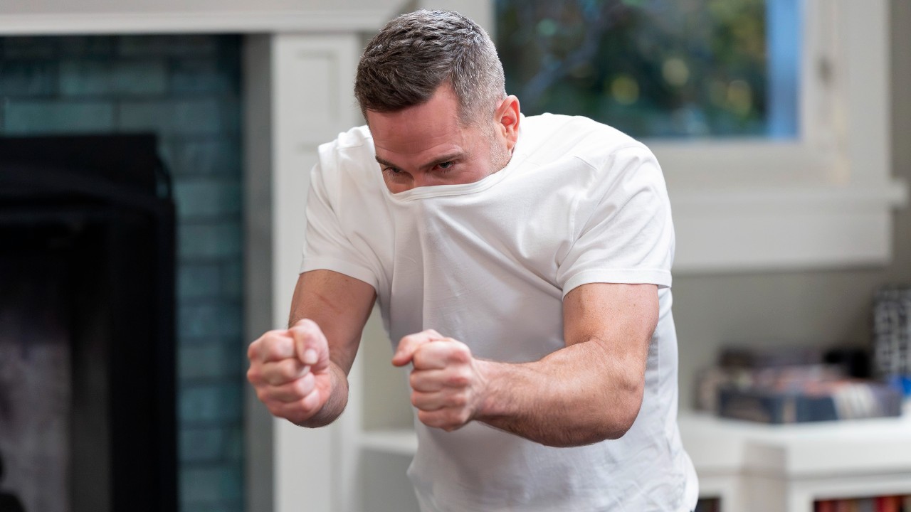 Sam pretending to shoot a gun