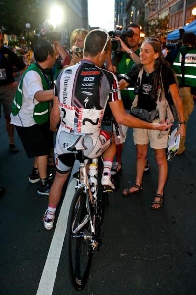 Hilton Clarke (United HealthCare) talks to the media after winning stage two.