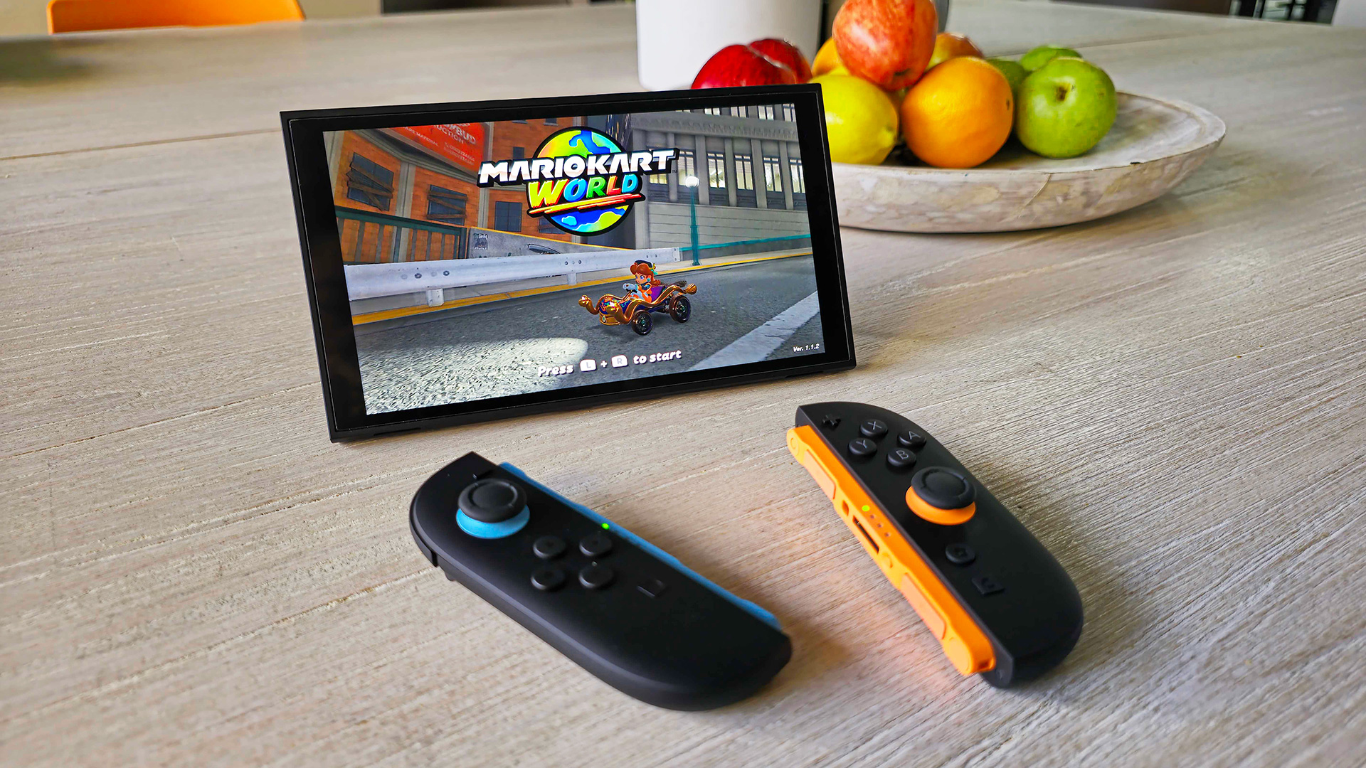 The Nintendo Switch 2 propped up on a kitchen table