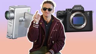 YouTuber Casey Neistat on a beige to purple gradient in front of the Canon TX1 and Sony A7S III