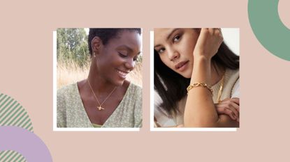 best jewelry online brands to shop include Alex Monroe and Missoma, composite image of two models one wearing a bee pendant necklace and one wearing a gold bracelet from Missoma