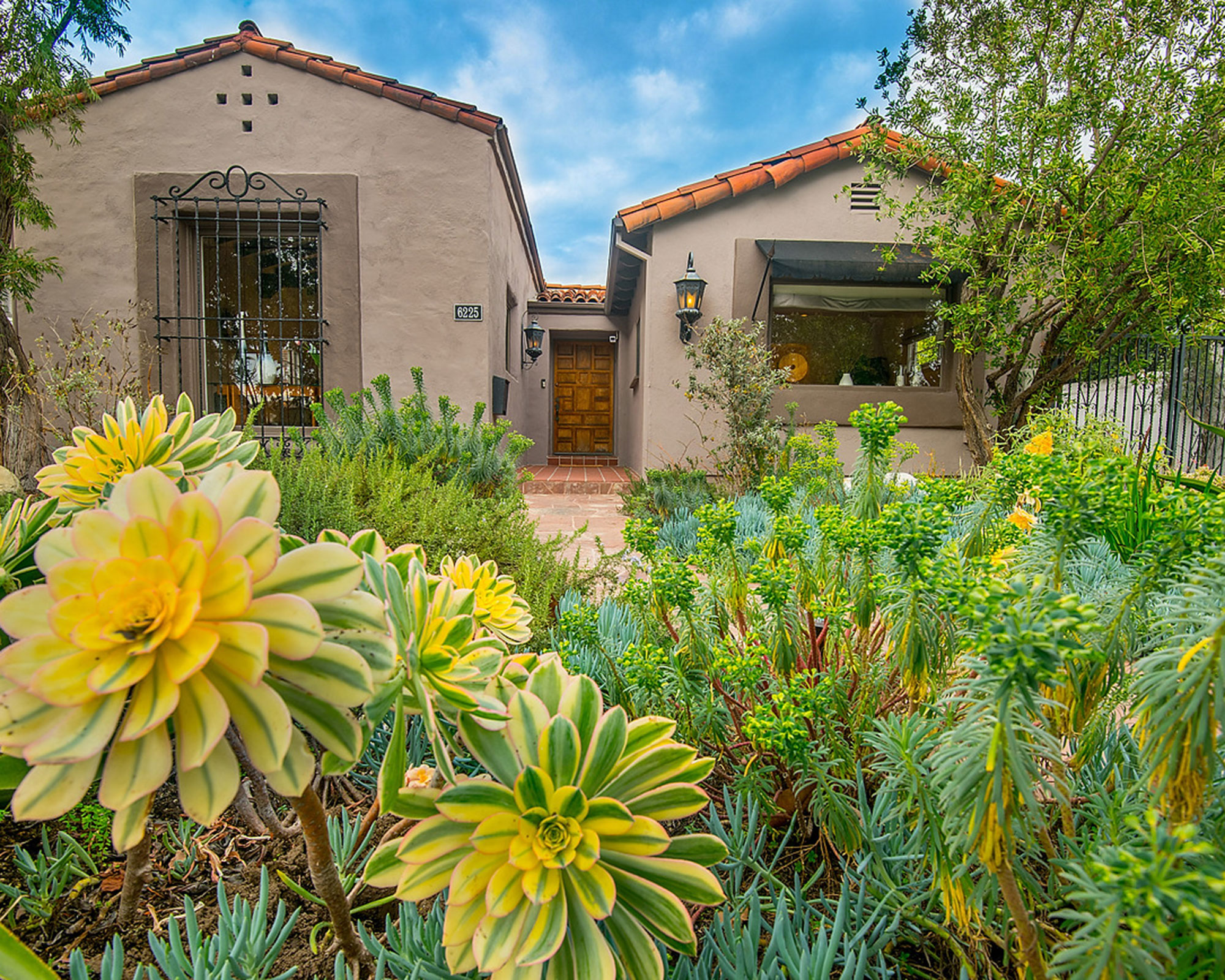 Mediterranean inspired front yard in Los Angeles planted with drought tolerant succulents