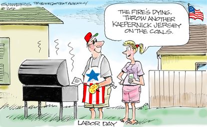 Editorial cartoon U.S. Labor Day barbeque Kaepernick jersey