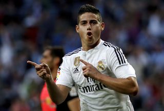 James Rodriguez celebrates after scoring for Real Madrid against Almeria in April 2015.