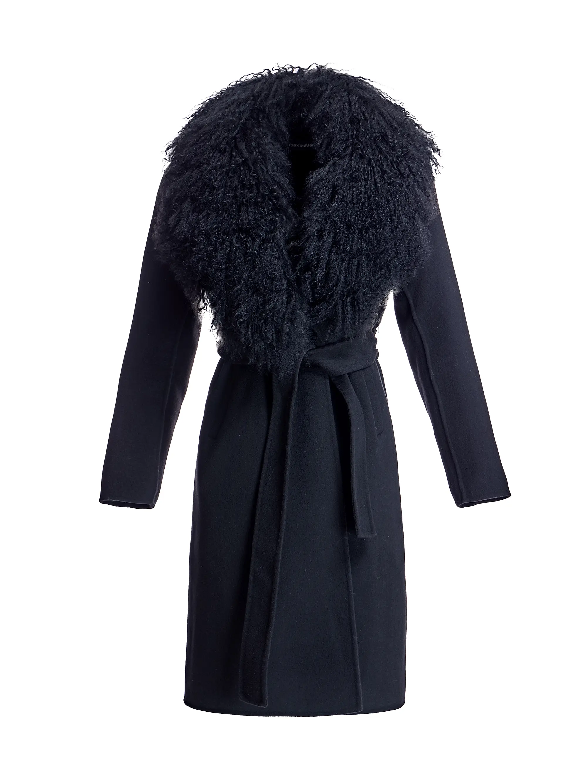Maximilian Belted Wool Coat With Tibetan Lamb Collar