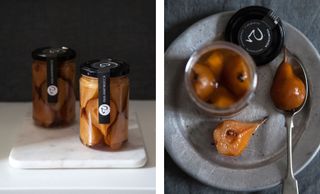 The photo to the left shows caramelized pear “Martinsecca” in jars on a marble plate. The photo to the right shows an open jar of pear “Martinsecca”, with some pairs on a plate and on a spoon.
