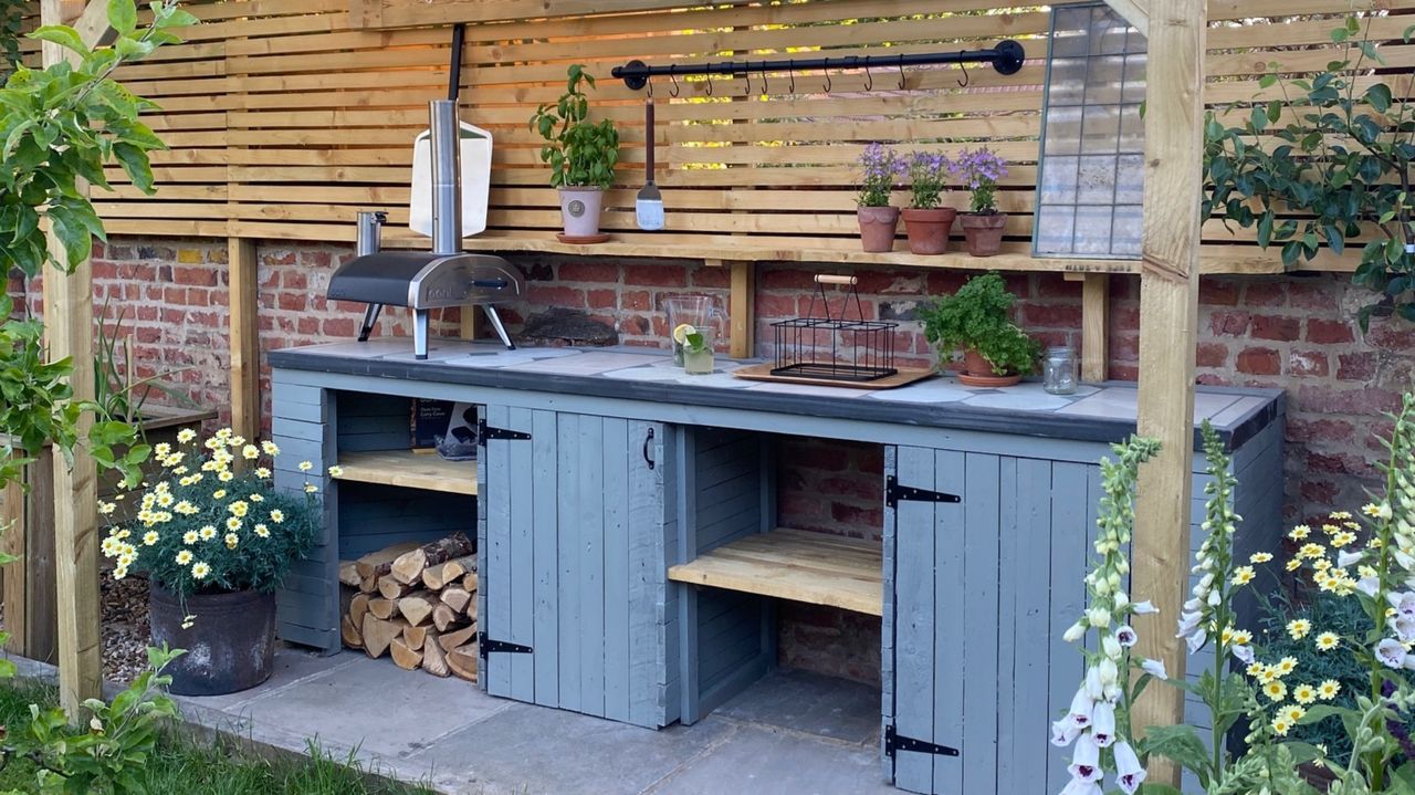 Blue outdoor wooden kitchen